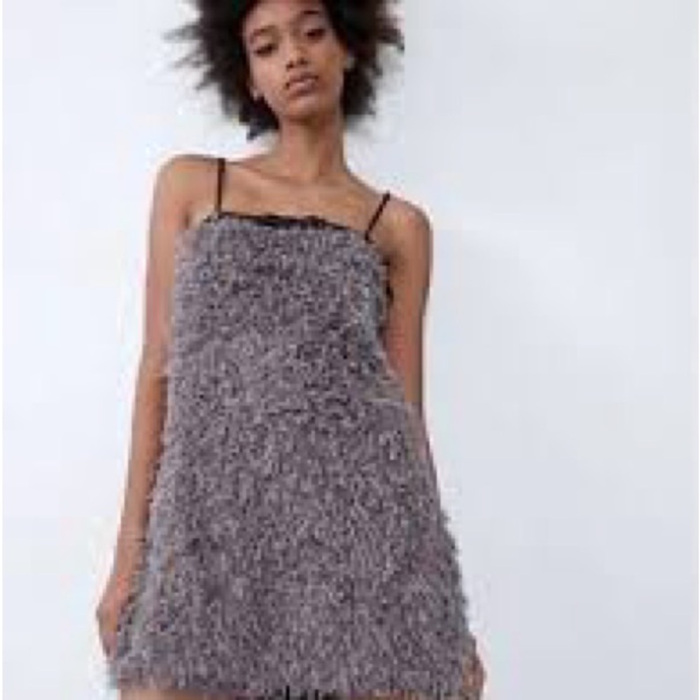 Zara Women's Gray Faux Feather Dress Feather Effect Dress